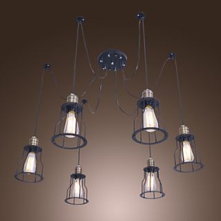 360W Retro Pendant Light with 6 Lights and Metal Frame