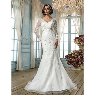Trumpet/Mermaid V neck Lace And Tulle Wedding Dress