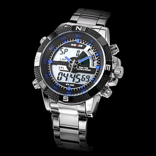 Mens Analog Digital Multi Functional Black Face Silver Steel Band Wrist Watch (Assorted Colors)