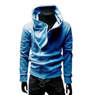 Mens Cooton Oblique Zipper High necked Fleece with Hood(Blue)