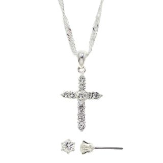 Bridge Jewelry Pure Silver Plated Cubic Zirconia Cross Pendant & Stud Earrings