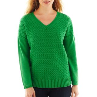 LIZ CLAIBORNE Long Sleeve V Neck Cable Knit Sweater, Fern Leaf, Womens