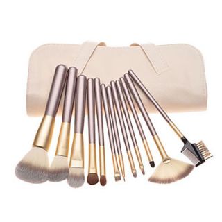 12PCS Coffee Handle Cosmetic Brush Set With Off white Leather Pouch