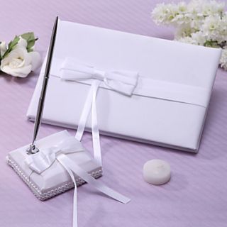 Ivory Wedding Guest Book and Pen Set With Bowknot