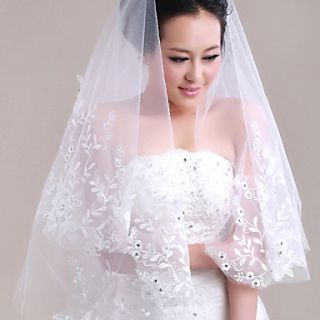 One tier Elbow Wedding Veil With Lace Applique Edge and Rhinestones