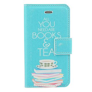 Book and Teas Pattern PU Full Body Case with Card Slot and Stand for iPhone 4/4S (Blue)