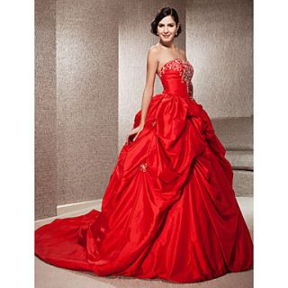 Ball Gown Strapless Sleeveless Taffeta Chapel Train Red Wedding Dress