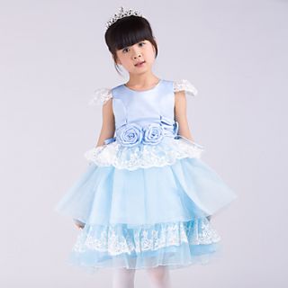 A line Jewel Knee length Satin and Tulle Flower Girl Dress With Flower
