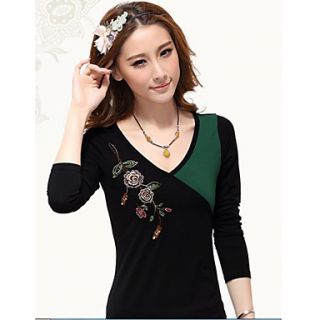 Womens Long Sleeve Bottoming Hit Color Stitching Embroidery T shirt