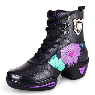 Womens Leather Upper Flower Decor Ballroom Modern Dance Sneakers Dance Shoes With Pads