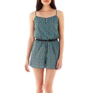 LOVE REIGNS As U Wish Sleeveless Belted Print Romper, Blk/turquoise, Womens