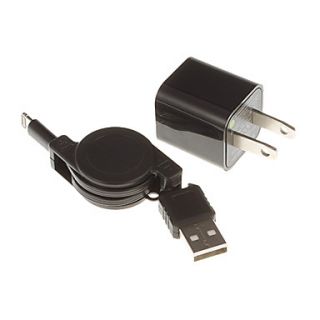 2 in 1 Retractable USB Cable and US Plug USB Power Charger for iPhone 5 (Black)