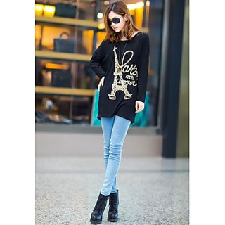 Uplook Womens Casual Round Neck Black Eiffel Tower Pattern Loose Fit Batwing Long Sleeve T Shirt 306#