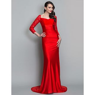 Trumpet/Mermaid V neck Sweep/Brush Train Knit And Lace Evening Dress (723504)