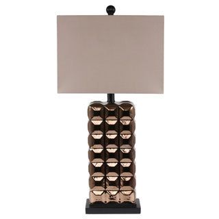 Privilege Ceramic Copper Table Lamp (CeramicFixture finish CopperShades Fabric shadeNumber of lights One (1)Requires One (1) 100 watt bulb (not included)Socket switchDimensions 29.5 inches high x 8.5 inches wide x 4.5 inches long )