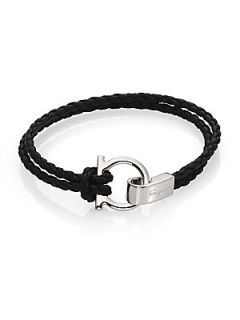 Salvatore Ferragamo Braided Leather Gancini Bracelet   Black