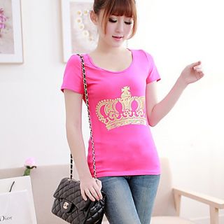 E Shop 2014 Summer Korean Maxi Crown Print Slim Short Sleeve T Shirt (Fuchsia)