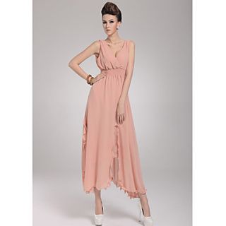 Color Party Womens Fashion V Neck Long Dress (Pink)