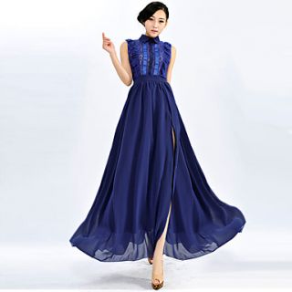 Color Party Womens Shirt Collar Lace Slim Fit Long Dress (Blue)