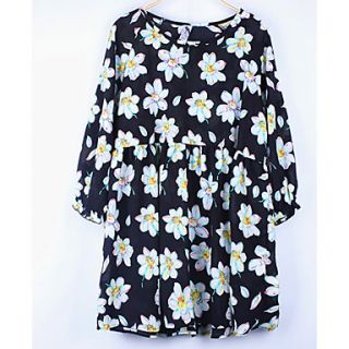 JRY Womens Simple Round Neck Screen Color H Line Floral Print Chiffon Loose Fit Dress