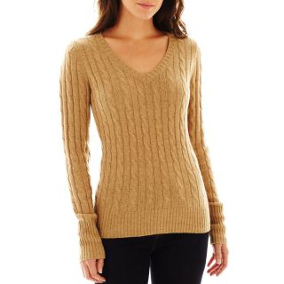 Wool Blend Cable Knit V Neck Sweater, Camel Heather, Womens