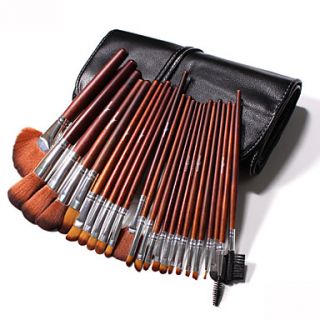 24 pcs Professional Makeup Brushes Ultra fwithe Synthetic Hair Set Red Wood Handle with Black Bag