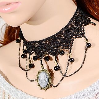 OMUTO Multilayer Hollow Out Lace Head Portrait Collar Necklace (Black)
