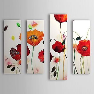 Hand Painted Oil Painting Floral Red Flower with Stretched Frame Set of 4 1309 FL0982