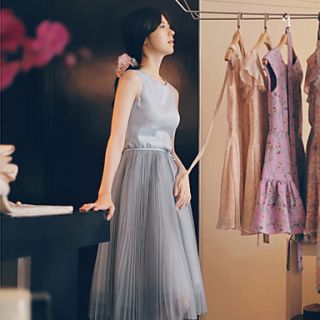 K Star Womens Korean Sleevless Solid Color Waist Dress(Screen Color)