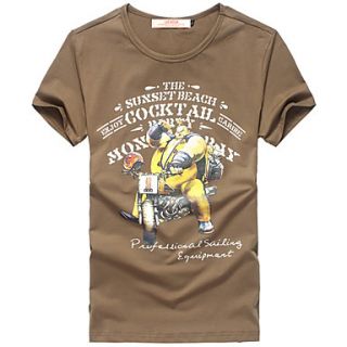 Lucassa Mens Cartoon Print Short Sleeve Casual T Shirt(Khaki)