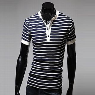 ZHELIN Mens Stripe V Neck Short Sleeve Bodycon Navy Blue 100% Cotton T Shirt