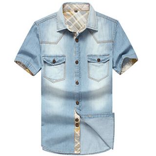 Lucassa Mens Fashion Short Sleeve Double Pocket Casual Denim Shirt(Screen Color)
