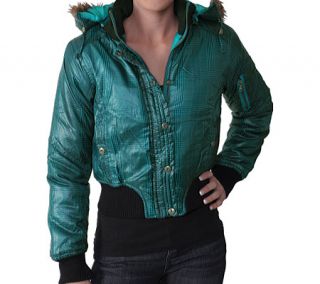 Womens Journee Collection Plaid Poly Bomber with Faux Fur Trimmed Hoodie   Teal