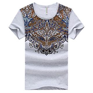 LangXin Mens Slim Round Collar Floral Print Short Sleeve T Shirt(White,Gray)