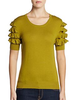 Silk/Cashmere Ruffle Sleeved Sweater   Chartreuse