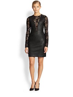 Diane von Furstenberg Kameela Leather & Lace Dress   Black
