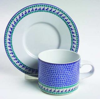 Dansk Tiles Flat Cup & Saucer Set, Fine China Dinnerware   Mosaic, Blue Tiled Ba