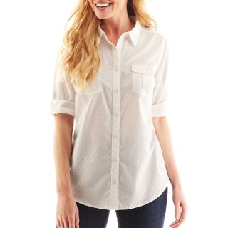 St. Johns Bay St. John s Bay Clip Dot Roll Sleeve Campshirt   Tall, White