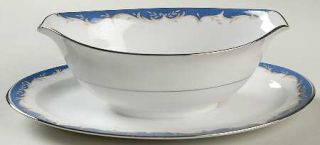 Style House Dynasty Blue Gravy Boat with Attached Underplate, Fine China Dinnerw