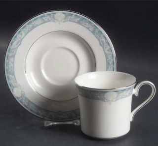 Mikasa Harbour Crest Flat Cup & Saucer Set, Fine China Dinnerware   Bone, Blue&G