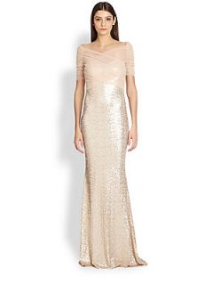 Badgley Mischka Tulle Crossover Sequin Gown   Blush