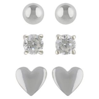 Womens Sterling Silver Stud Earrings Set of 3 Heart, Cubic Zirconia and Ball  