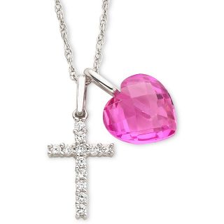 Sterling Silver Lab Created White Sapphire Cross & Pink Sapphire Heart Pendant,
