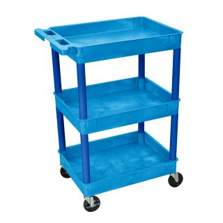 Luxor 3 Tub Shelf Utility Cart (BlueDimensions 24 inches wide x 18 inches deep x 41 inches highMaterials Polyehylene plasticWeight limit 300 poundsShelves and legs wont stain, scratch, dent or rustFour (4) casters with two locking brakesPush handle mol