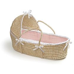 Natural Moses Basket With Pink Waffle Bedding