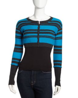 Striped Cropped Cashmere Cardigan, Charcoal/Dark Turquoise