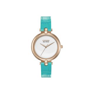 Citizen Eco Drive Womens Rose Tone Teal Leather Strap Watch EM0253 20A