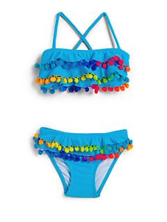 PilyQ Girls Two Piece Ruffled Pom Pom Bandeau Bikini Set   Julia Blue