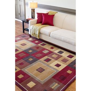 Hand tufted Contemporary Red/brown Geometric Square Burgundy Wool Abstract Rug (8 X 11)
