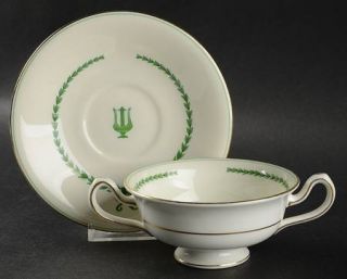 Minton Lyre Green Footed Cream Soup Bowl & Saucer Set, Fine China Dinnerware   G